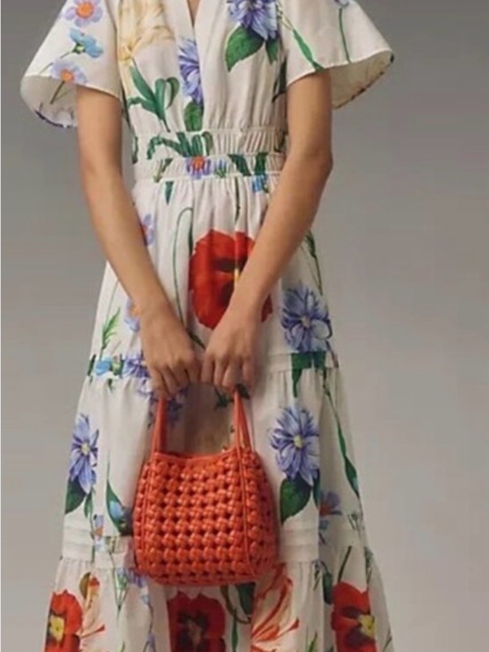 Anthropologie White Floral Maxi Dress with Red and Blue Blooms